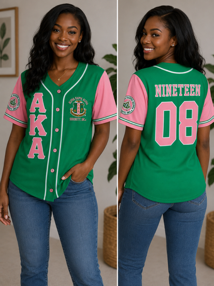 Alpha Kappa Alpha AKA Sorority Baseball Jersey- Button Up-Green/Pink