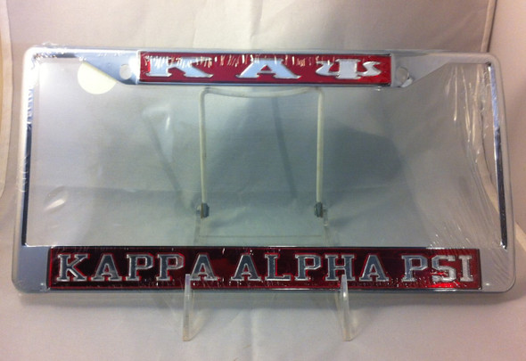 Crimson background with silver letters