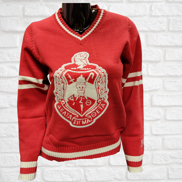 Delta Sigma Theta Sorority Chenille V-neck Varsity Sweater- Red