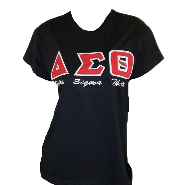Delta Sigma Theta Sorority Stitched Letter T-Shirt- Black