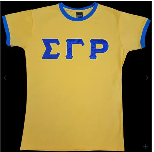 Sigma Gamma Rho Sorority Ringer T-shirt- Satin Letters-Yellow