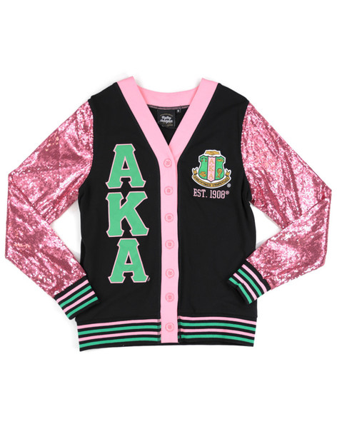 Alpha Kappa Alpha AKA Sorority Sequin Cardigan- Women’s- Black/Pink