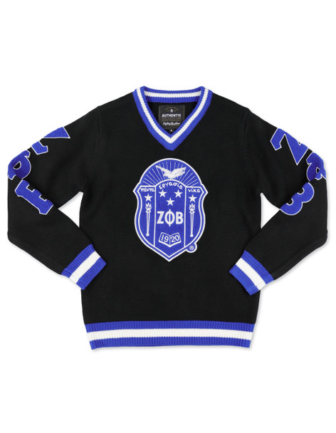 Zeta Phi Beta Sorority Pull Over V-Neck Sweater- Crest-Black/Blue        
