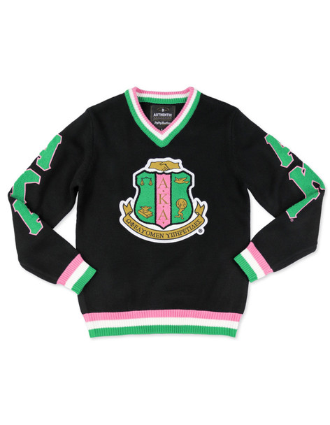 Alpha Kappa Alpha Sorority Pull Over V-Neck Sweater- Crest-Black/Pink -Front
