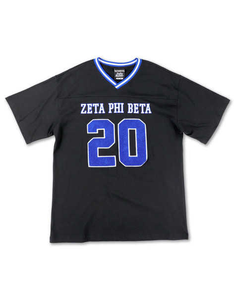 Zeta Phi Beta Sorority Oversized V-Neck Football Jersey Tee-Black/Blue