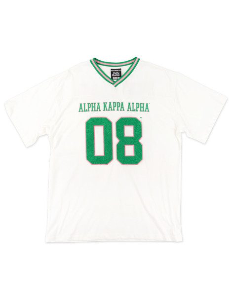 Alpha Kappa Alpha AKA Sorority Oversized V-Neck Football Jersey Tee-Ivory-Front