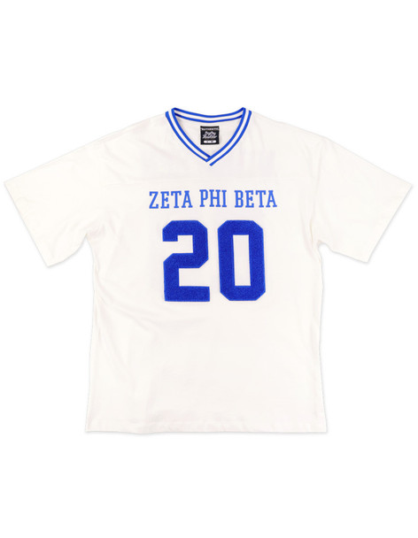 Zeta Phi Beta Sorority Oversized V-Neck Football Jersey Tee-Ivory-Front