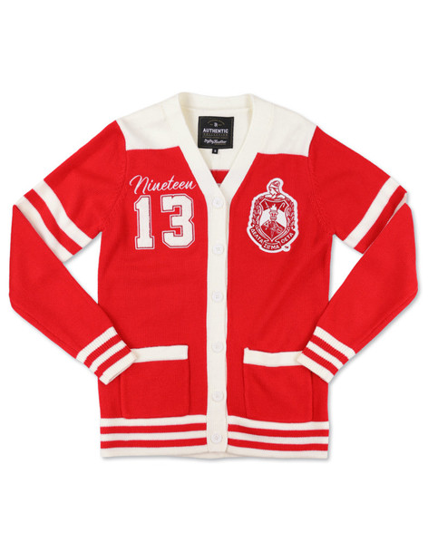 Delta Sigma Theta Sorority Sweater-Button Down-Crest-Red/White-Front