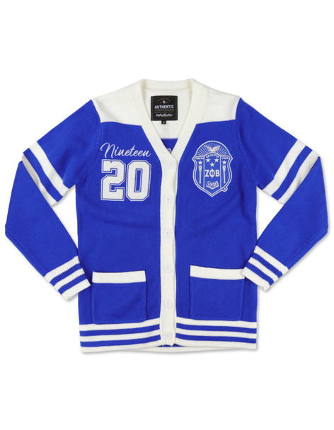 Zeta Phi Beta Sorority Sweater-Button Down-Crest-Blue/White