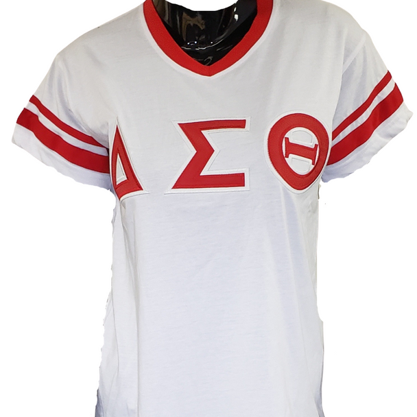 Delta Sigma Theta Sorority V-Neck with Stripes- White