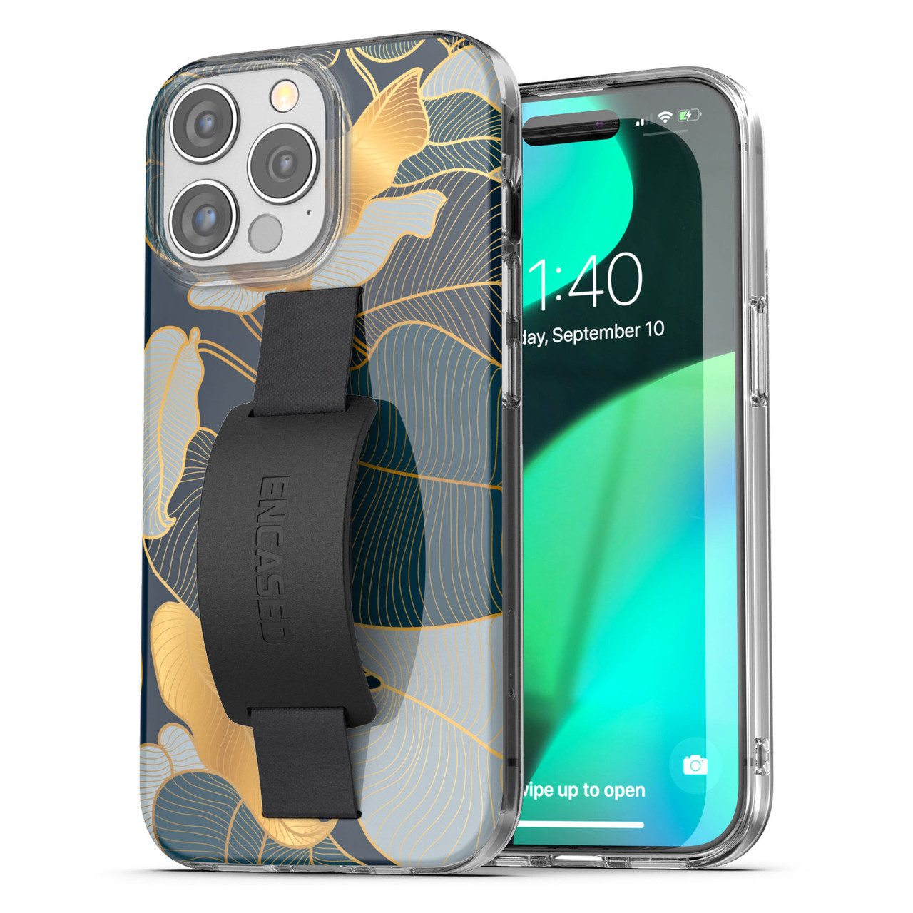Encased Hand Loop Case for iPhone 15 Pro Blue/Gold Leaf