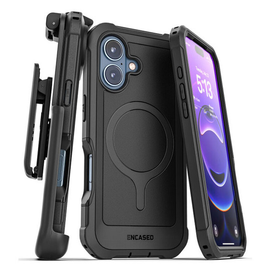 Encased Falcon Shield Case iPhone 17 with Belt Clip Holster and Built-In PET Screen Protector - Black