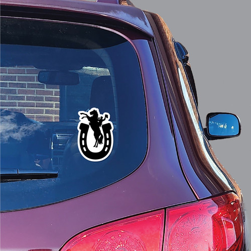Made In USA Horseshoe And Cowboy - Black Sticker (3.28" x 4.88")