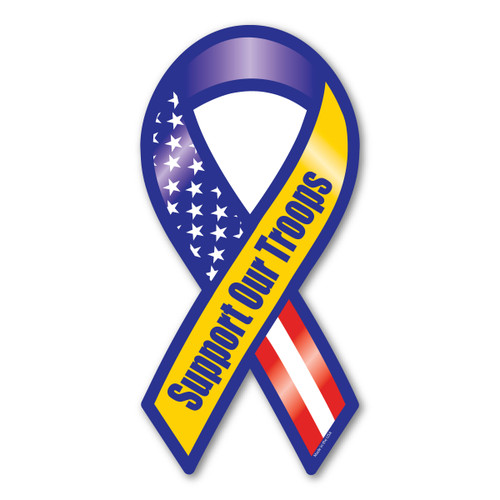 Made In USA Support Our Troops Blue And Yellow Ribbon Magnet (8" x 3.88")
