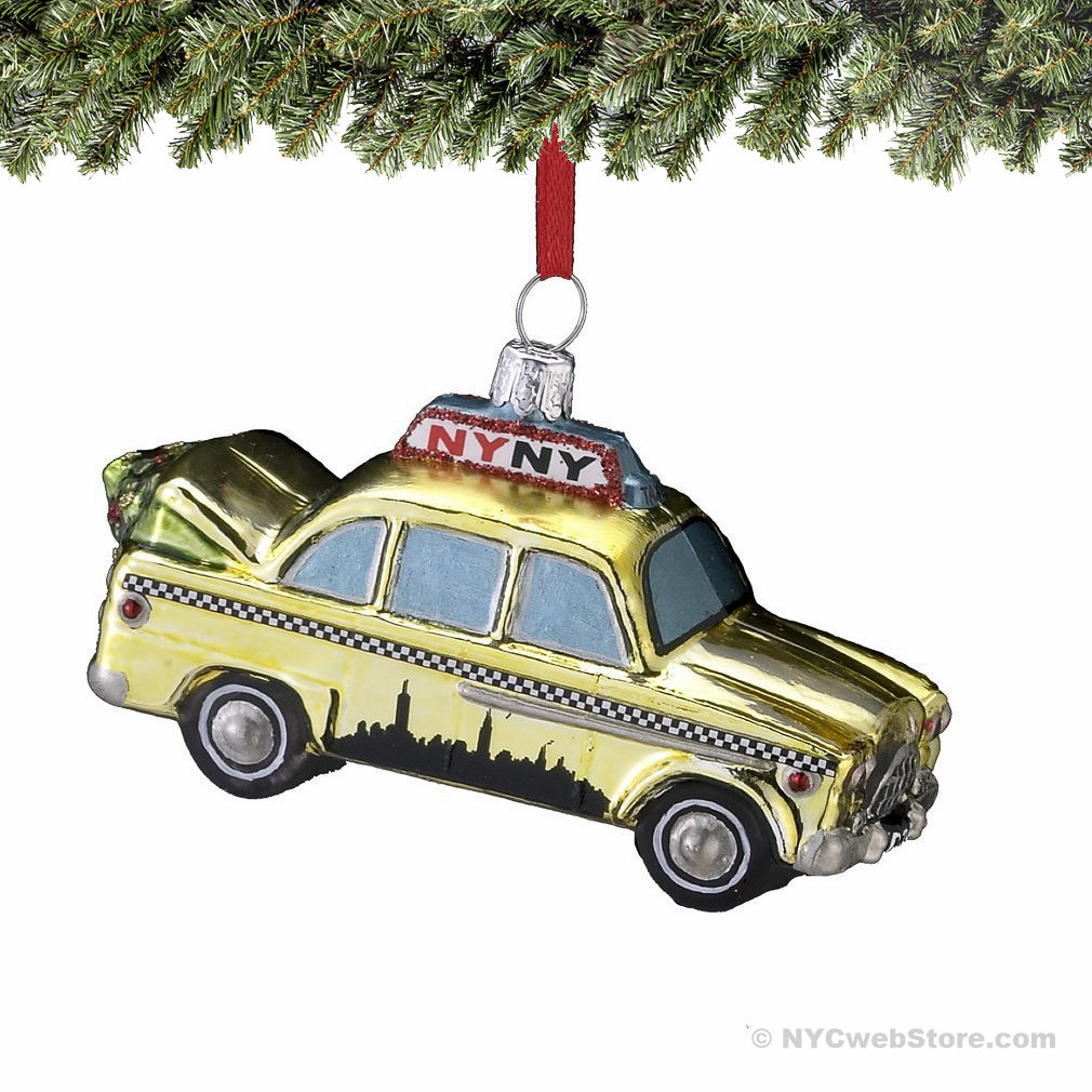 NYC Taxi Skyline Glass Ornament