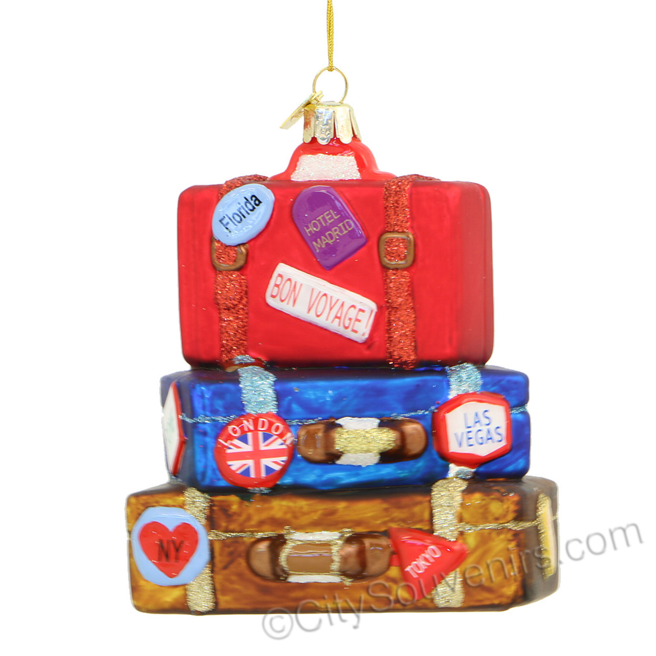 World Traveler Stacked Suitcase Glass Ornament