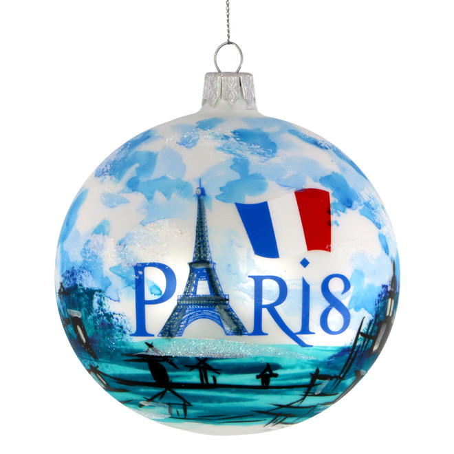 Paris Christmas Ornament 4 Inch Hand Painted Glass Ball