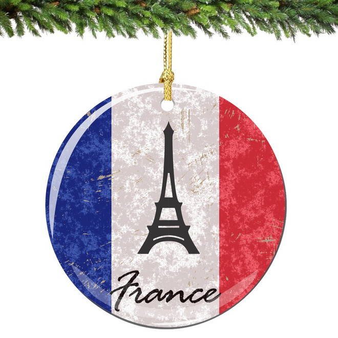France Flag and Eiffel Tower Christmas Ornament Porcelain Double Sided
