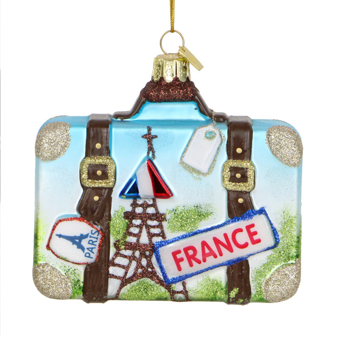 Paris Suitcase Glass Ornament