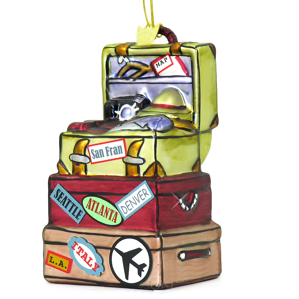 World Traveler Stacked Luggage Glass Ornament