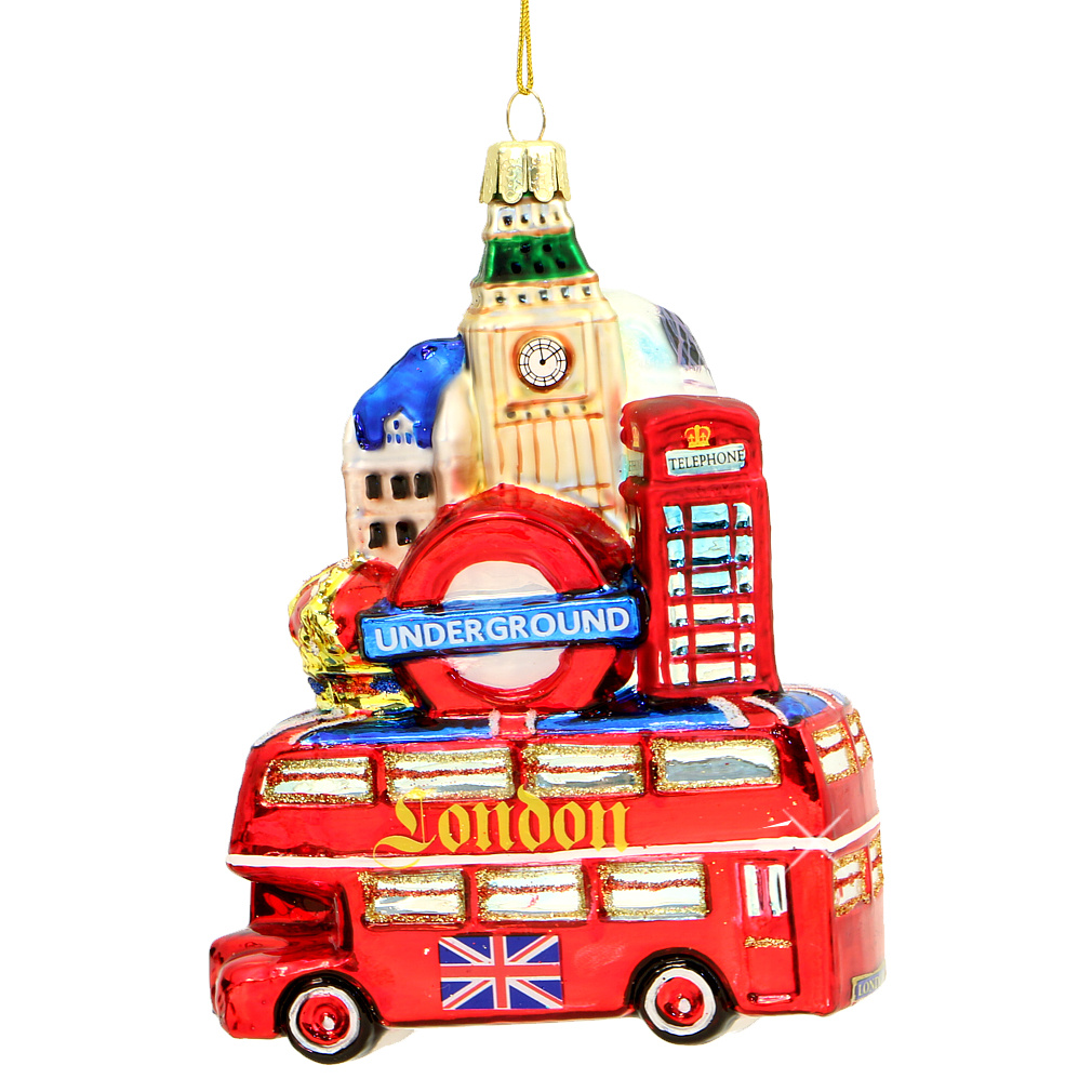 London Bus and Landmarks Glass Ornament