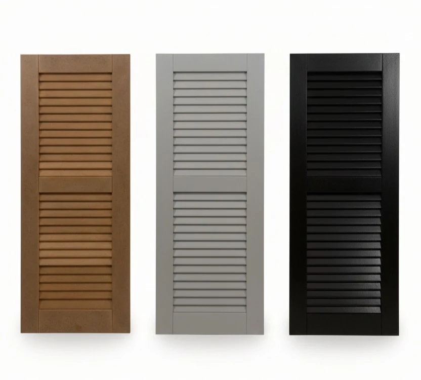 Rockbridge standard louvered shutters available unfinished, primed, Satin Black and Satin White.