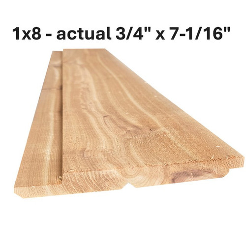 1x8 Cedar Channel Rustic Siding measures 3/4" thick by 7-1/16" wide