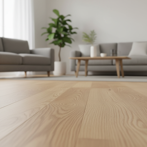 red oak flooring with a light stain.