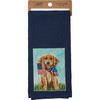 Patriotic Kitchen Dish Towel - Golden Puppy Dog Holding American Flag 20x28 from Primitives by Kathy