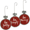 Set of 3 Galvanized Metal Hanging Christmas Ornaments - Be Merry Be Bright Be Jolly - 3.75 Inch Red from Primitives by Kathy