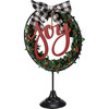 Decorative Standing Holiday Wreath Sign With Plaid Bow - Joy - 13 Inch - Christmas Collection from Primitives by Kathy