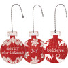 Set of 3 Rustic Wooden Hanging Christmas Ornaments - Joy Believe Merry Christmas - Bulb Shaped 3.75 In from Primitives by Kathy