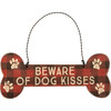 Rustic Bone Shaped Wooden Hanging Christmas Ornament - Beware Of Dog Kisses 6 Inch - Red & Black Pawprint Plaid from Primitives by Kathy
