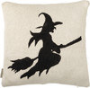 Decorative Cotton Throw Pillow - Flying Witch On Broom - White & Black - 18x18 - Halloween Collection from Primitives by Kathy