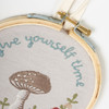 Decorative Round Hanging Embroidered Hoop Sign - Give Yourself Time - Mushroom Design 5 In Diameter from Primitives by Kathy