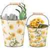 Set of 2 Decorative Metal Buckets - Yellow Daisy Flower Design - Garden Collection from Primitives by Kathy