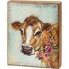 Farm Themed Cow With Floral Wreath Necklace Decorative Wooden Block Sign 8x10 from Primitives by Kathy