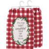 Red & White Plaid With Holiday Wreath Design Most Wonderful Time Of The Year Dish Towel 28x28 from Primitives by Kathy