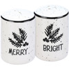Evergreen Branch Design Merry & Bright Stoneware Salt Pepper Shaker Set from Primitives by Kathy