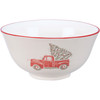 White Stoneware Serving Bowl - Red Pickup Truck Hauling Christmas Tree - 5 Inch Diameter from Primitives by Kathy