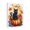 Midnight's Autumn Embrace: Feline Seasons, Halloween Watercolor Magic - Unframed Canvas Wall Art Decor