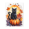 Midnight's Autumn Embrace: Feline Seasons, Halloween Watercolor Magic - Unframed Canvas Wall Art Decor