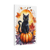 Midnight's Autumn Embrace: Feline Seasons, Halloween Watercolor Magic - Unframed Canvas Wall Art Decor