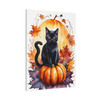 Midnight's Autumn Embrace: Feline Seasons, Halloween Watercolor Magic - Unframed Canvas Wall Art Decor