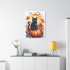 Midnight's Autumn Embrace: Feline Seasons, Halloween Watercolor Magic - Unframed Canvas Wall Art Decor