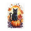 Midnight's Autumn Embrace: Feline Seasons, Halloween Watercolor Magic - Unframed Canvas Wall Art Decor