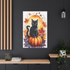 Midnight's Autumn Embrace: Feline Seasons, Halloween Watercolor Magic - Unframed Canvas Wall Art Decor