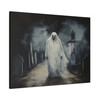 Spectral Wanderer: Large Stretched Canvas Wall Art 40" x 30" - Gothic Cemetery Ghost, High-Contrast Monochrome Haunting