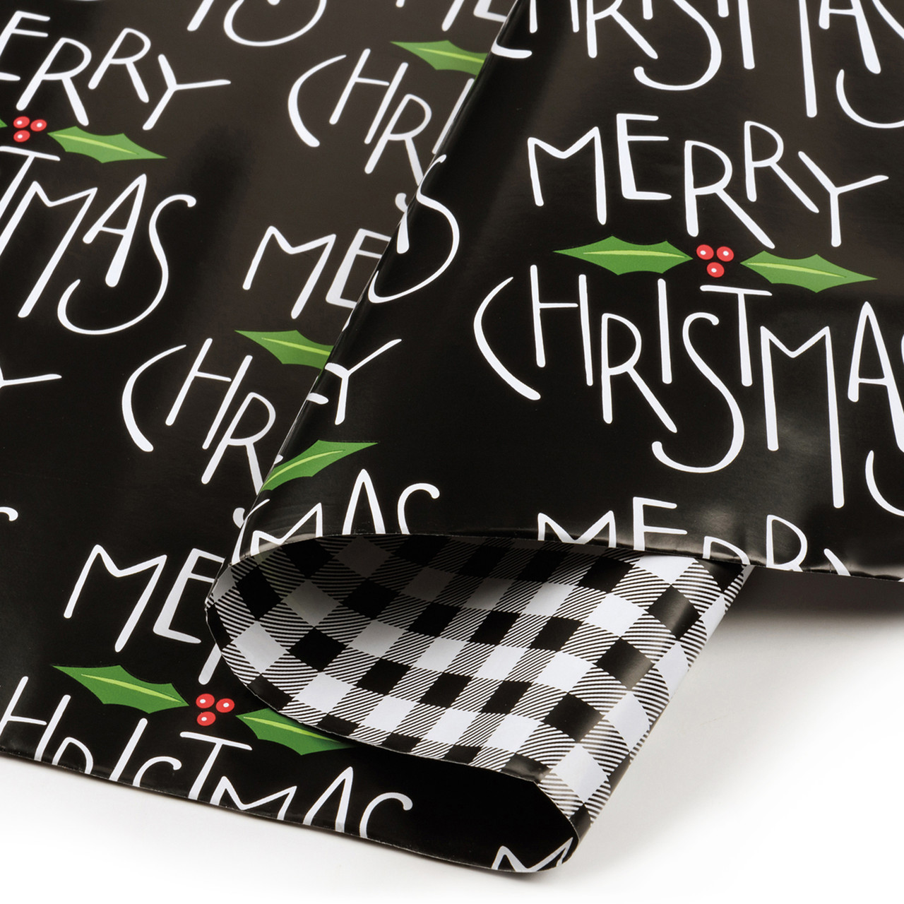Double Sided Gift Wrapping Paper Roll - Merry Christmas Mistletoe & White  Black Plaid - 9.75 Feet x 30 Inch from Primitives by Kathy