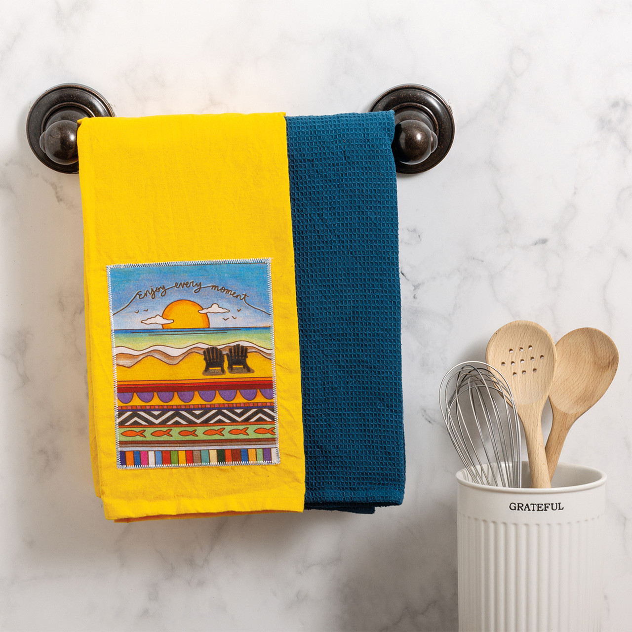 Primitives by Kathy Dish Towels - Yellow 'Enjoy Every Moment' Beach Scene Dish Towel